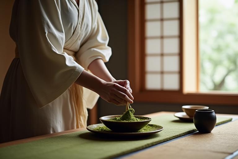 静謐な茶室で亭主がお茶を点てる様子